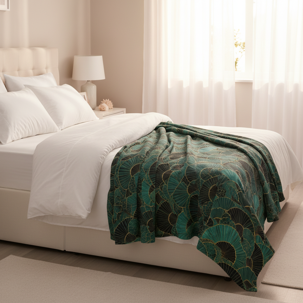 Premium throw blanket cascading over bed