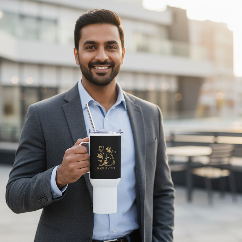 Professional man holding white Black Panther travel mug close to camera showing gold design