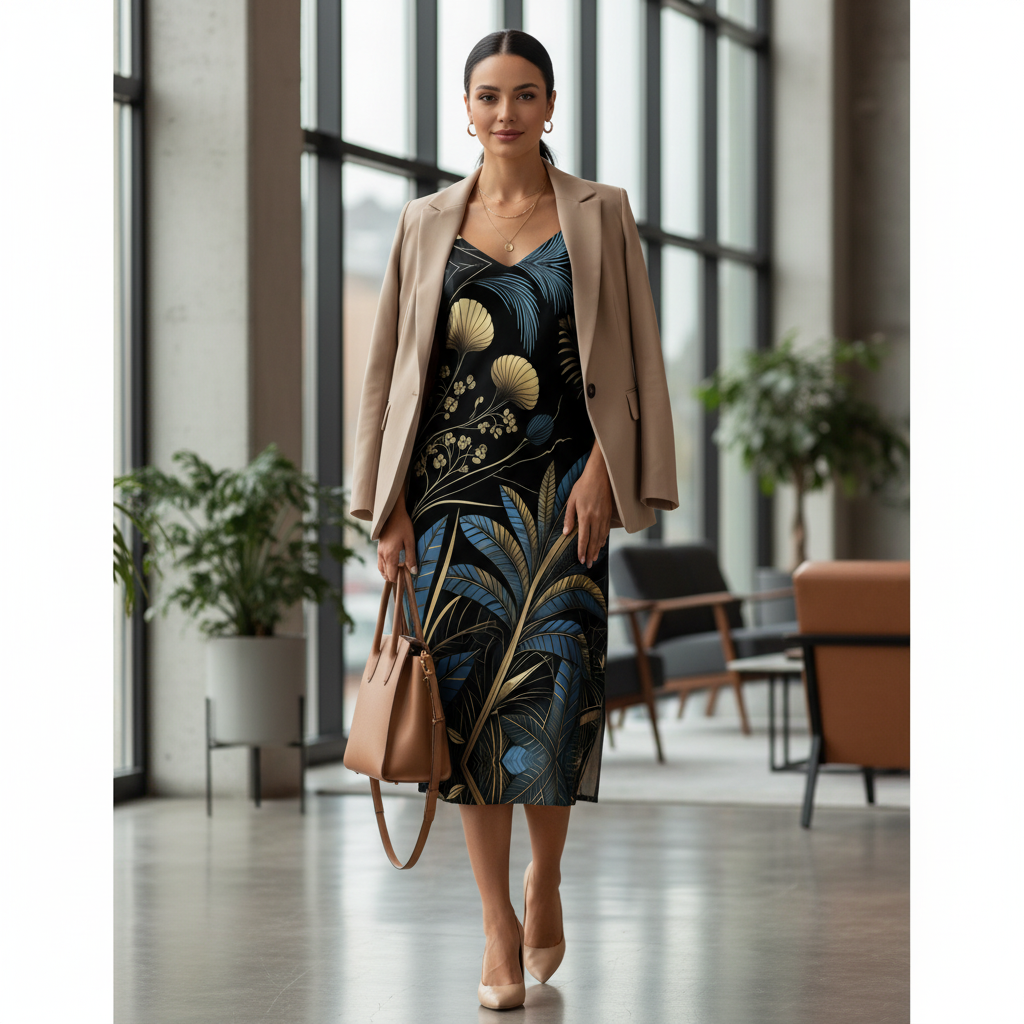 Professional woman in Art Deco dress with blazer for business casual