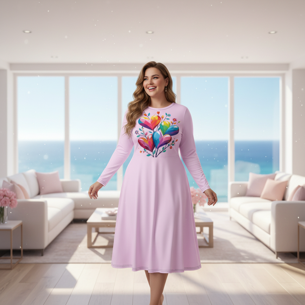 Radiant joyful plus-size woman in pink hearts dress in sun-drenched coastal living space
