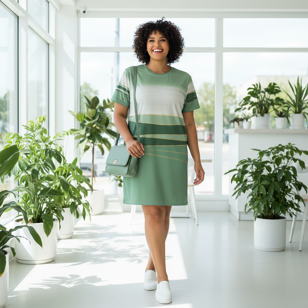 Radiant plus-size woman wearing striped t-shirt dress with white shoes and green bag in minimalist restaurant