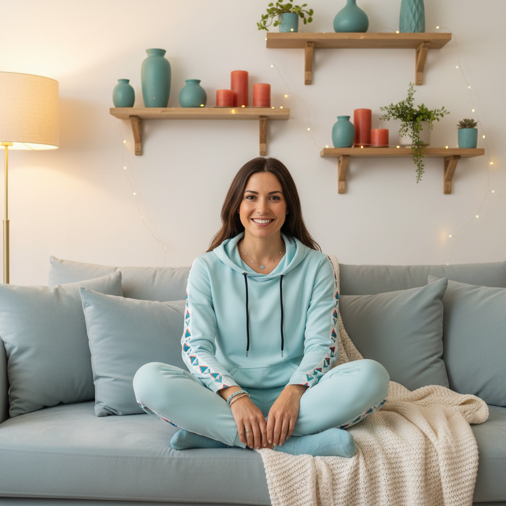 Radiant woman in light blue geometric hoodie with light blue joggers in cozy living room with light blue, teal, coral and sage green decor