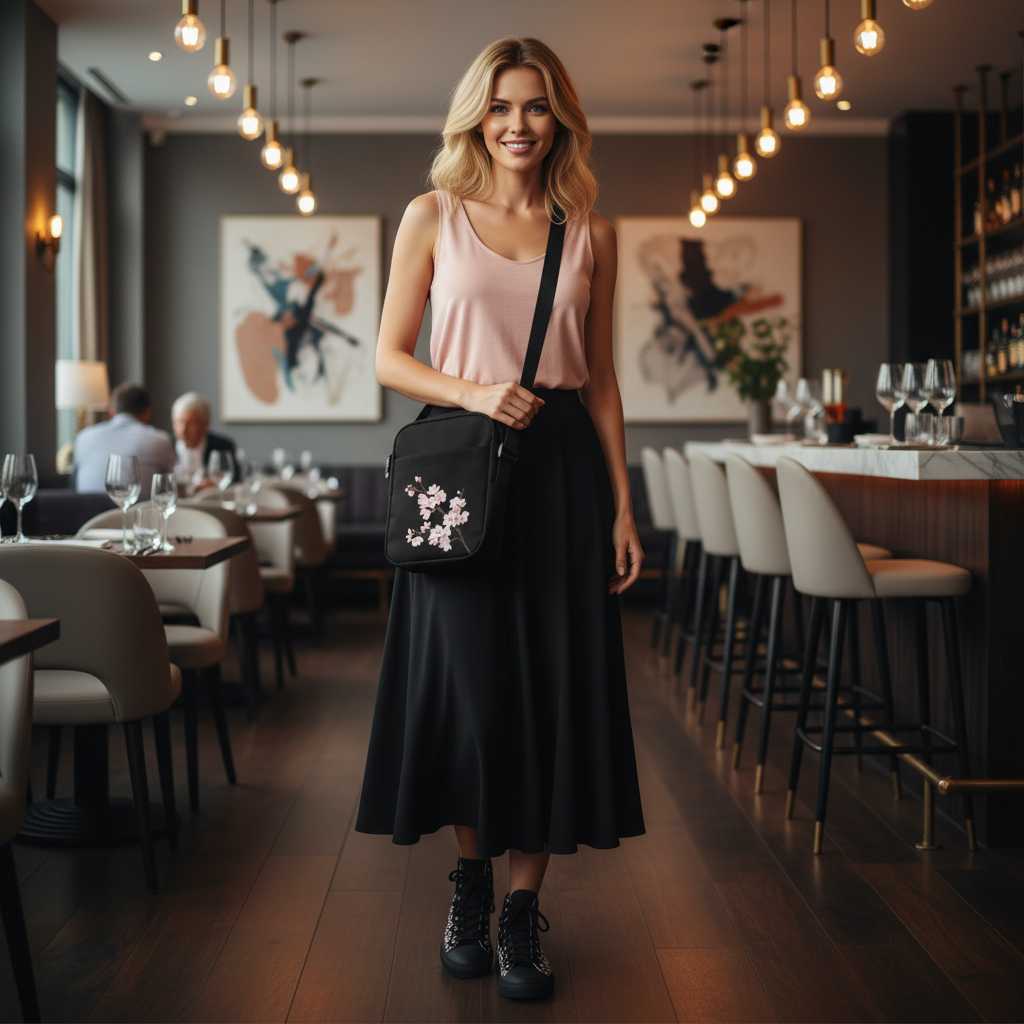 Radiant woman in pink top with sakura accessories upscale dining