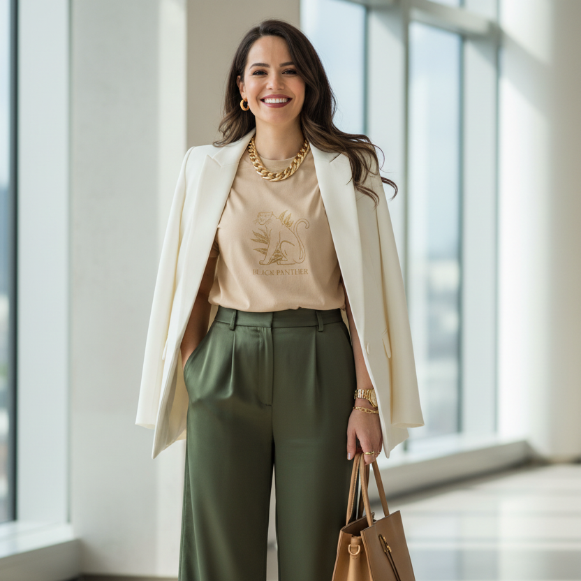 Radiant woman in sand Black Panther t-shirt styled in sophisticated modern outfit