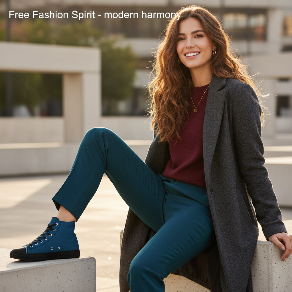 Radiant woman in teal trousers burgundy sweater and black coat with teal high-tops