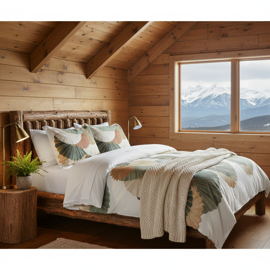Rustic cabin bedroom with queen botanical bedding