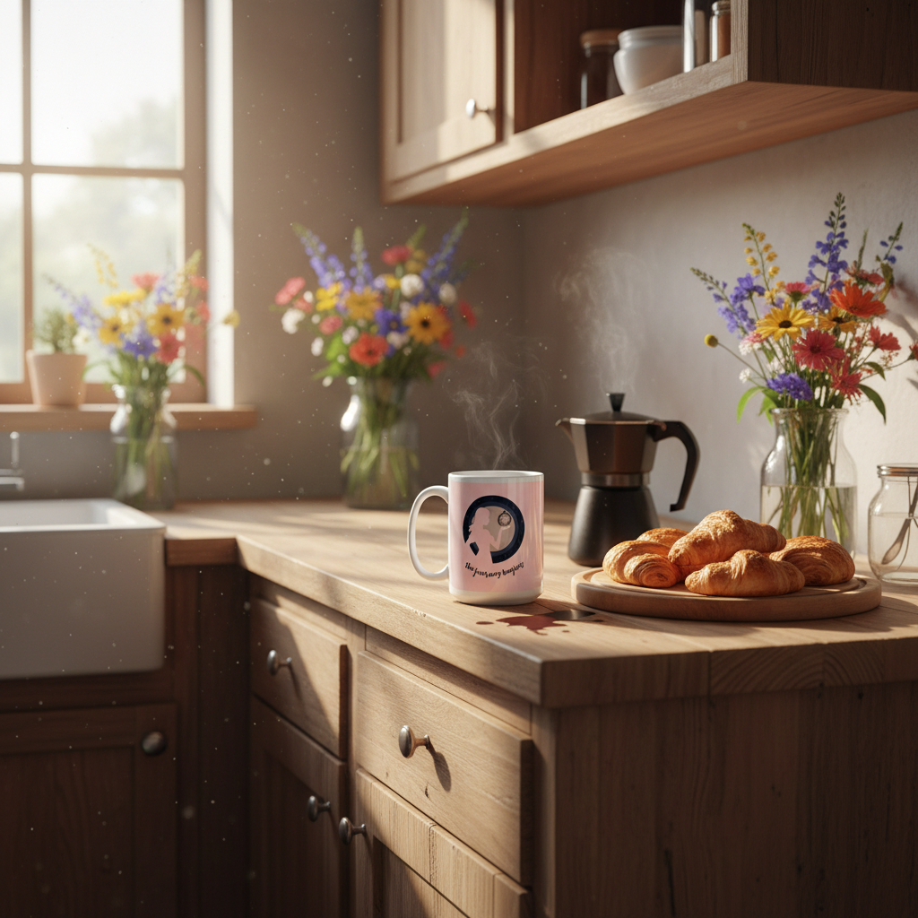 Rustic wooden kitchen natural wood cabinets fresh flowers journey begins mug pastries coffee morning sunlight farmhouse