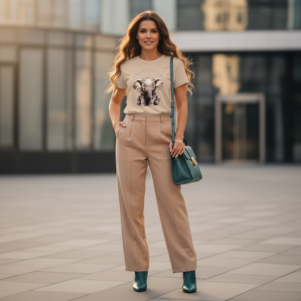 Sand elephant t-shirt sand pants teal boots teal bag warm sophisticated accent