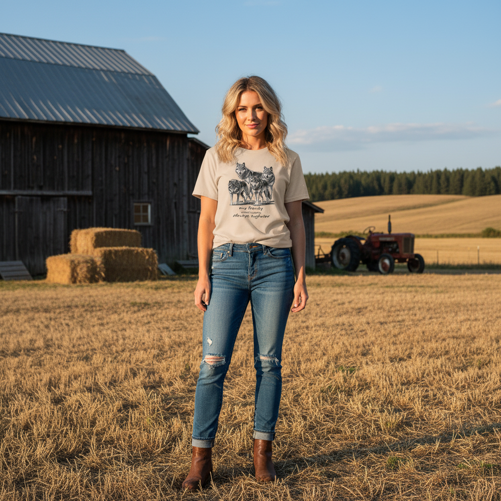 Sand wolf pack t-shirt blonde woman barn farm countryside
