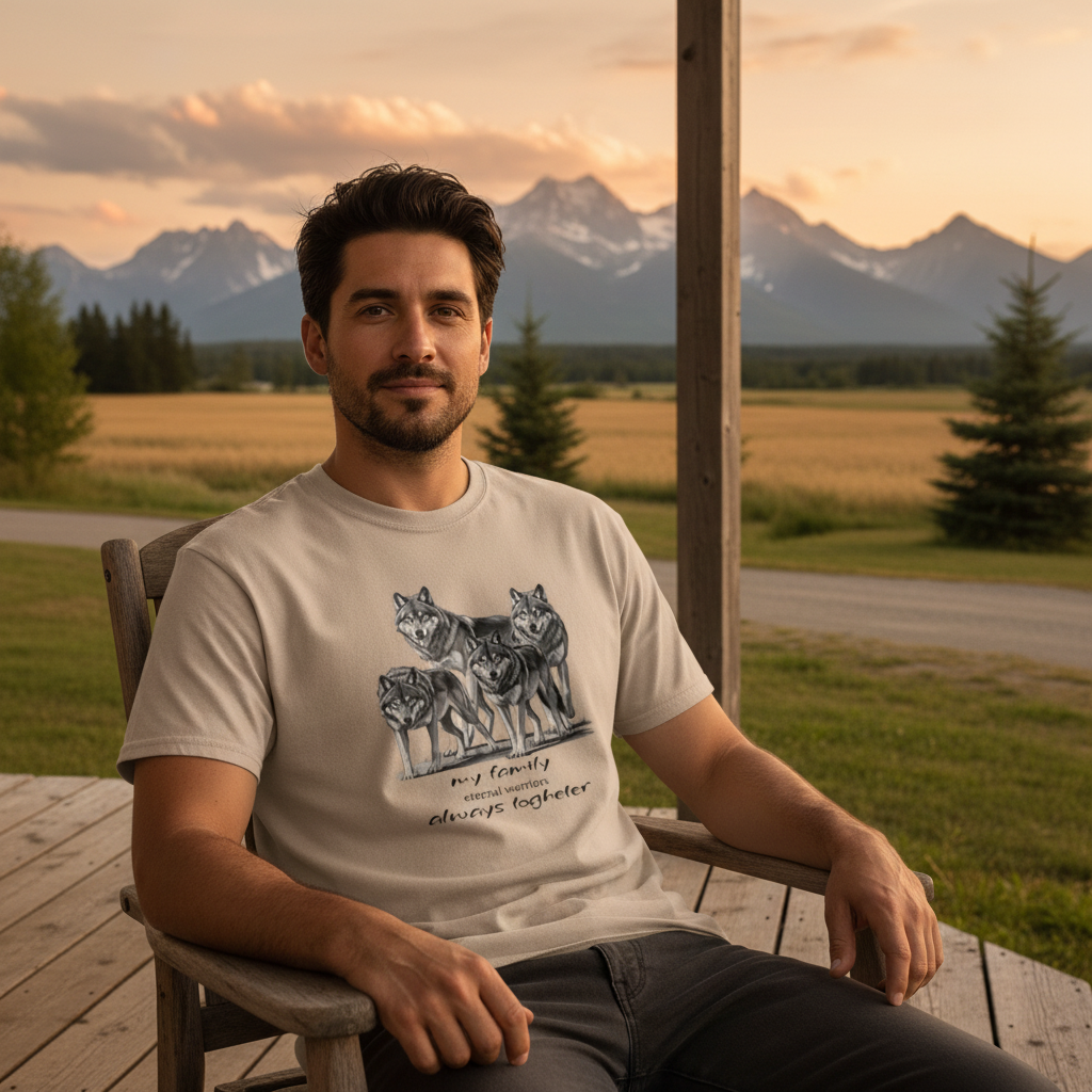 Sand wolf pack t-shirt dark haired man farmhouse porch mountains
