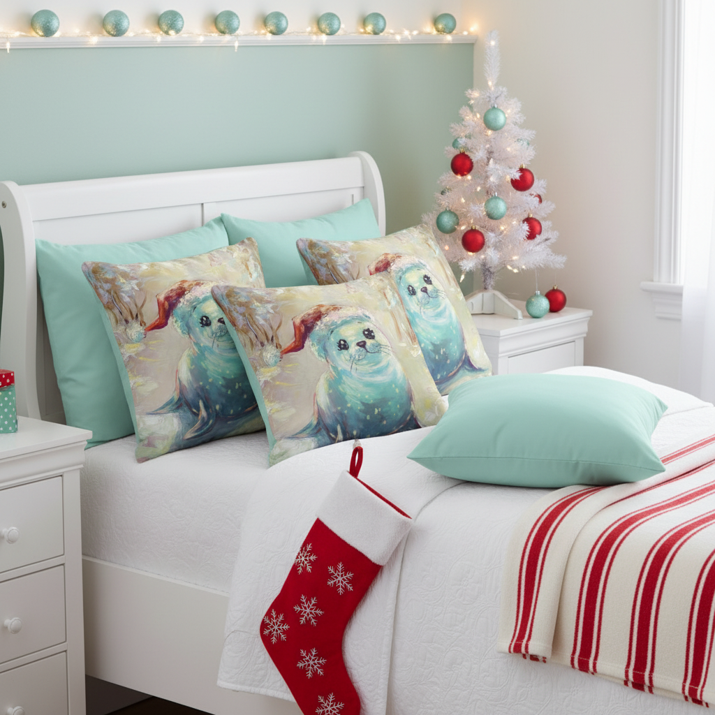 Cuscino base con foca carina e cappello da Babbo Natale