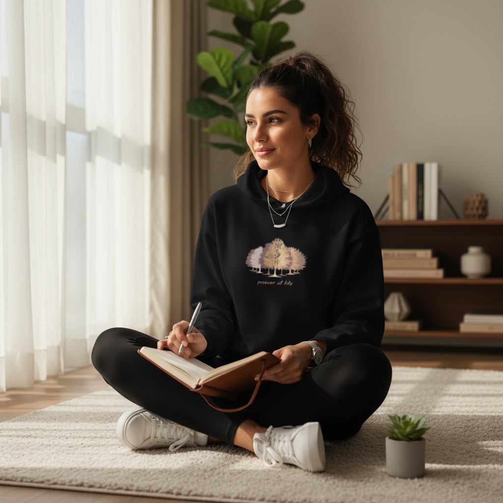 Self-assured woman in black power of life hoodie with black leggings sitting with journal