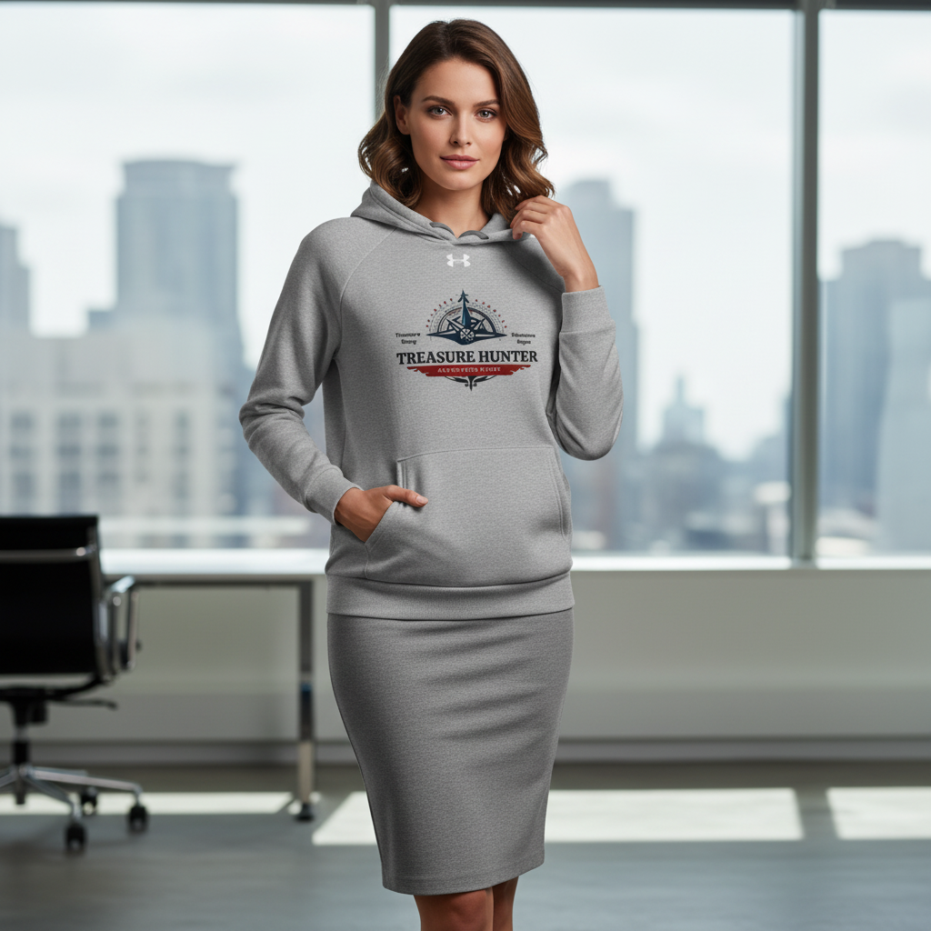 Self-assured woman in grey treasure hunter hoodie over grey pencil skirt