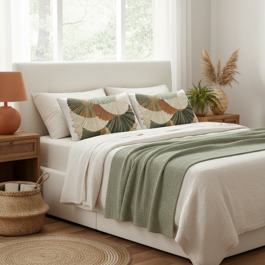 Serene bedroom with Botanical Fan Elegance lumbar pillows