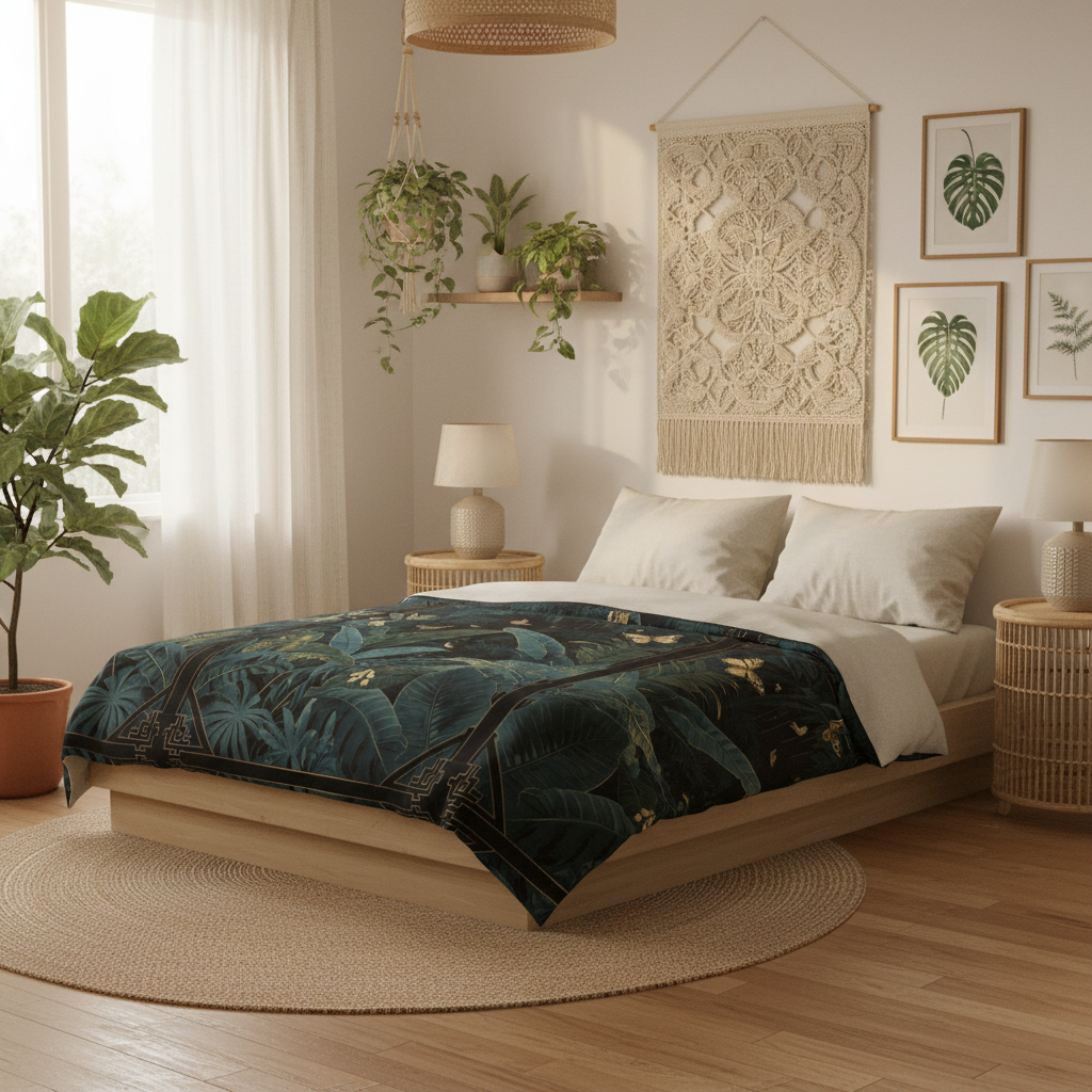 Serene bohemian bedroom with natural wood bed, emerald butterfly comforter, and abundant plants