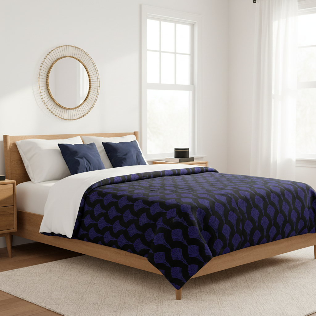 Serene bright bedroom with Art Deco comforter in deep blue and black, white walls, wooden furniture