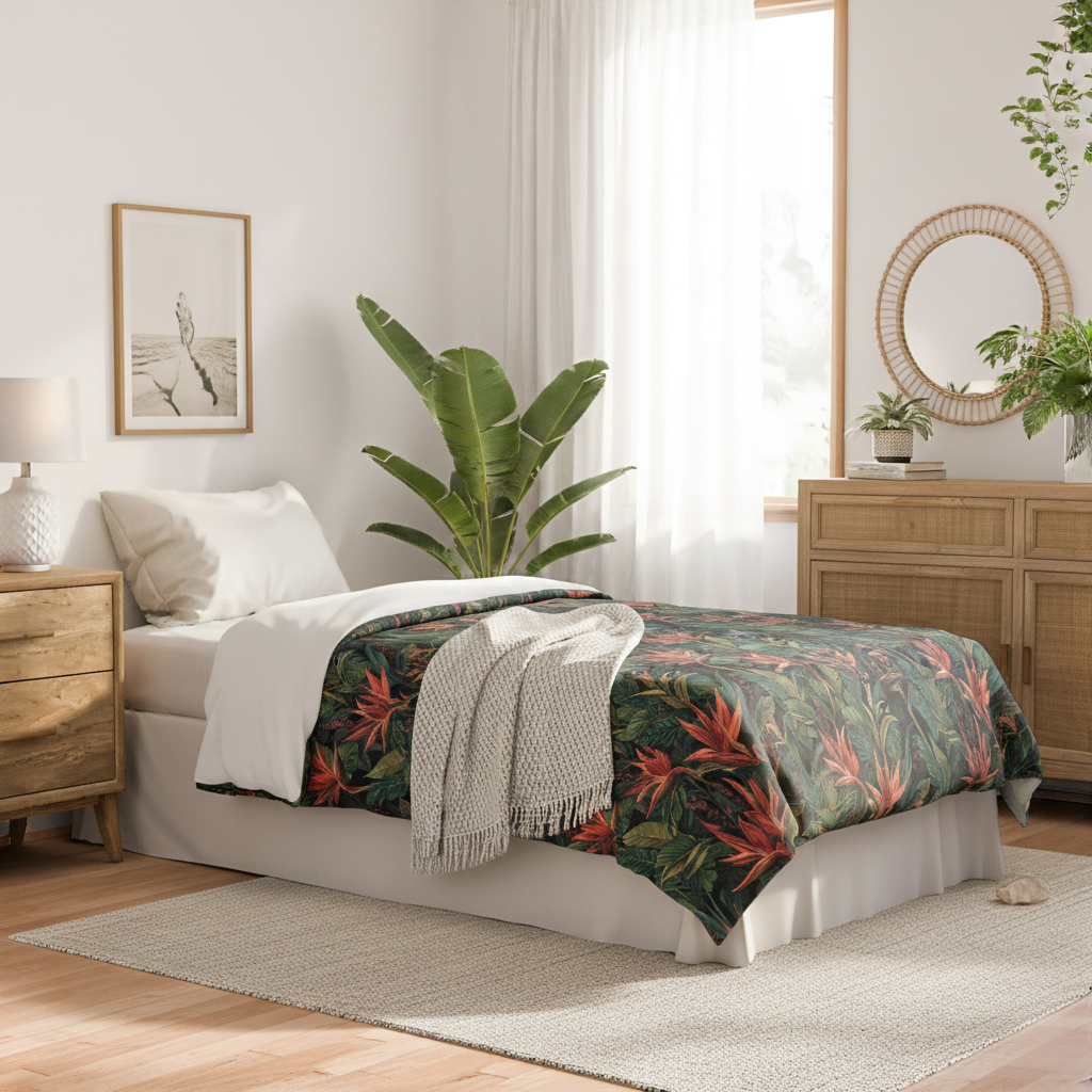 Serene coastal bedroom with tropical botanical comforter with red flowers and green leaves, twin bed with white linens, light wood furniture, coastal decor, plants