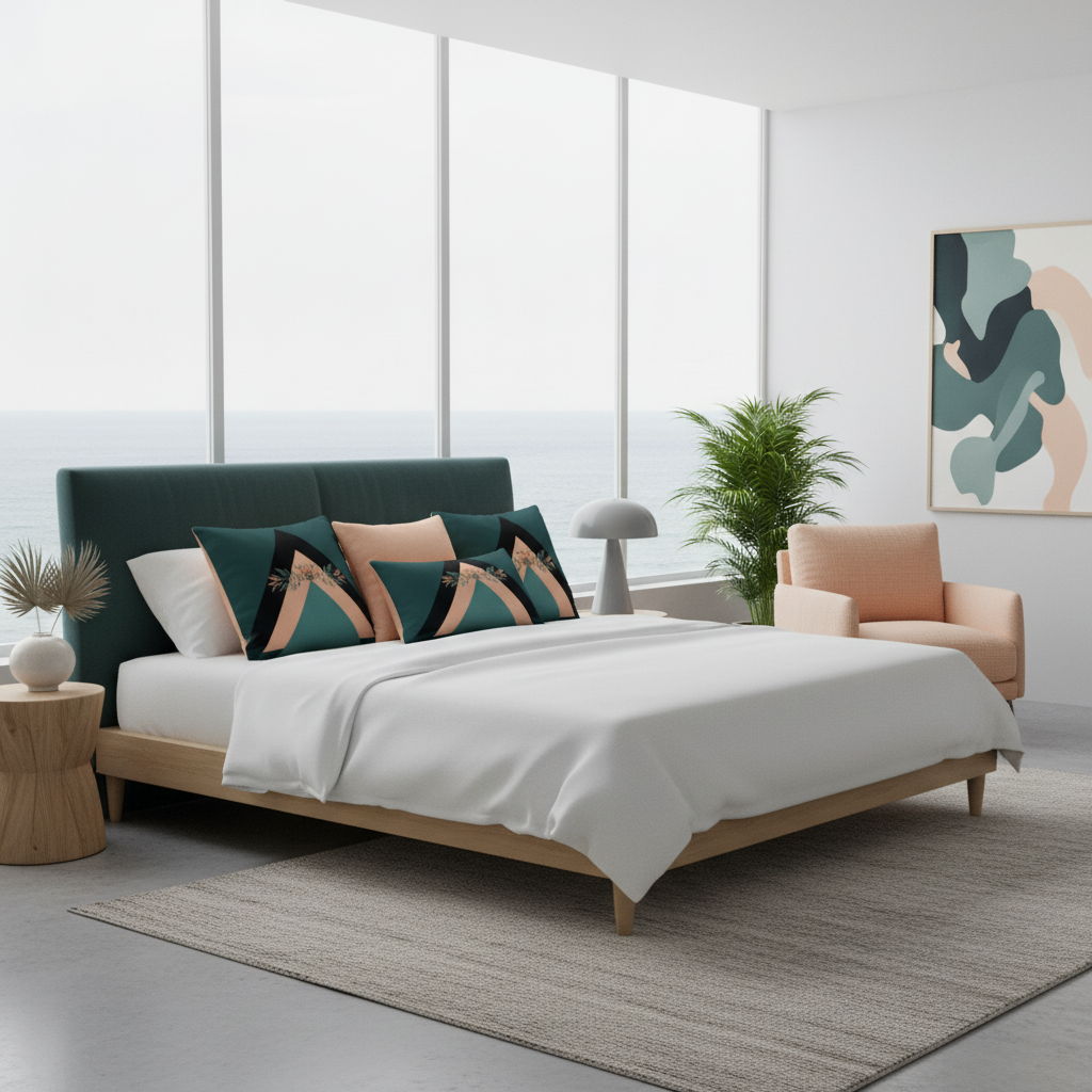 Serene coastal master bedroom with coordinated teal and peach color scheme