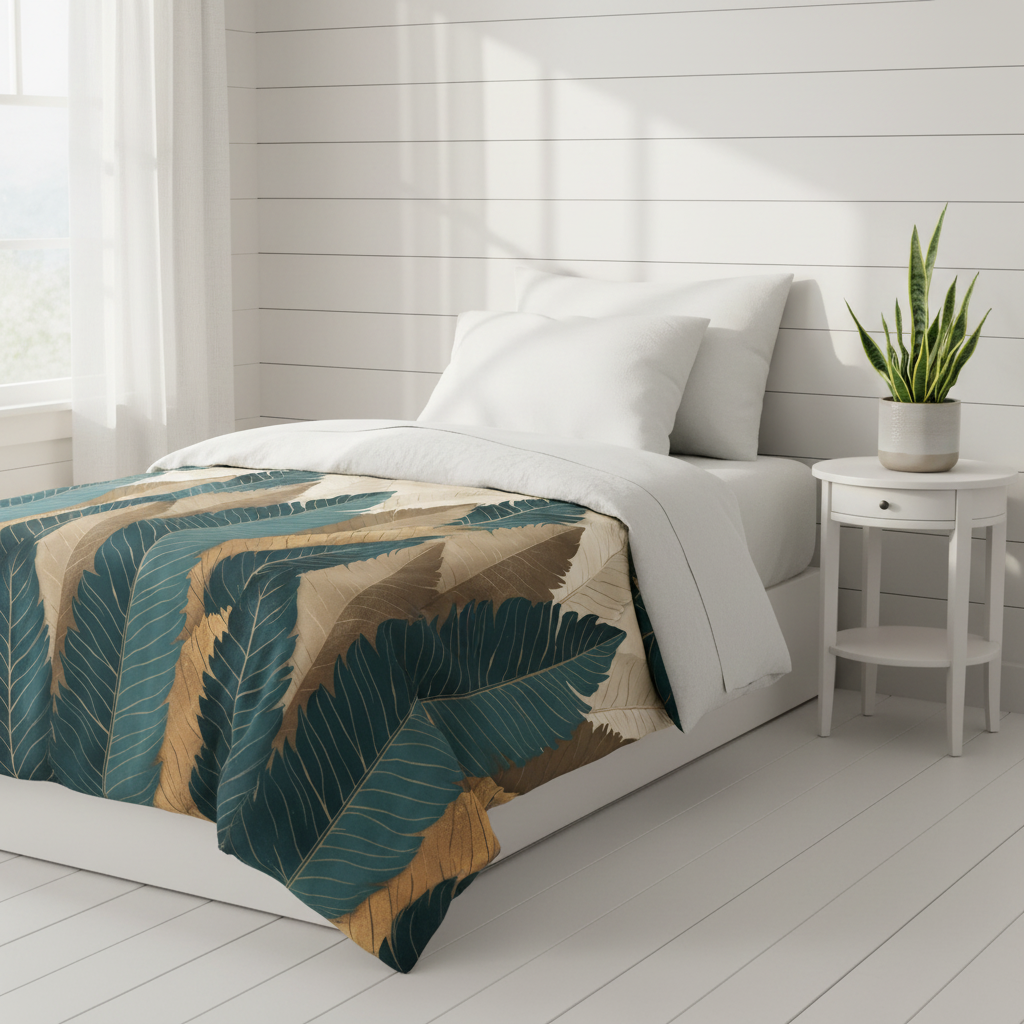 Serene coastal white bedroom with botanical duvet on twin XL bed