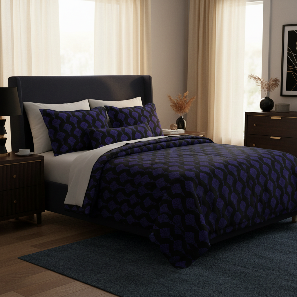 Serene cozy bedroom with Art Deco comforter in deep blue and black