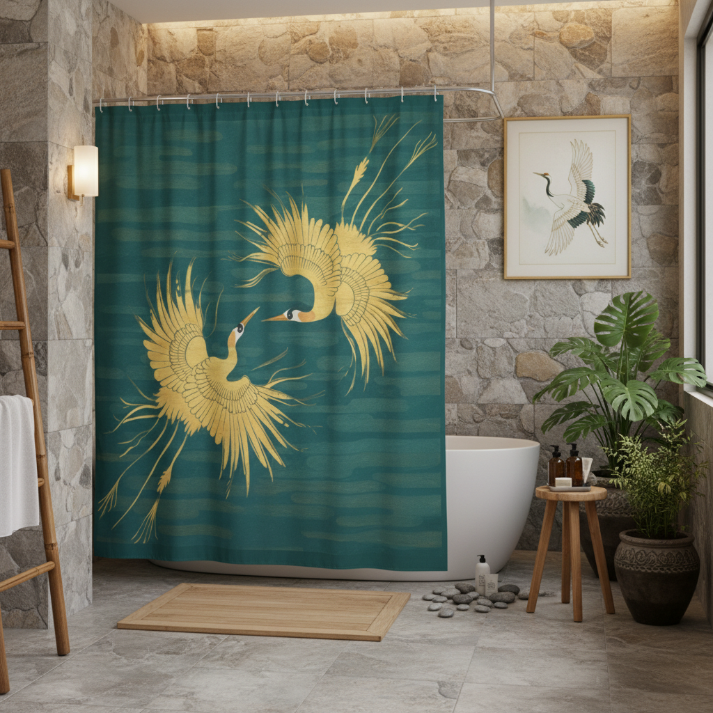 Serene spa bathroom with teal gold crane shower curtain natural wood and Japanese crane art print