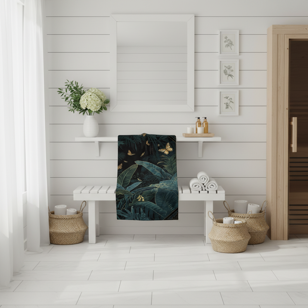 Serene white wellness spa with botanical beach towel and Scandinavian decor