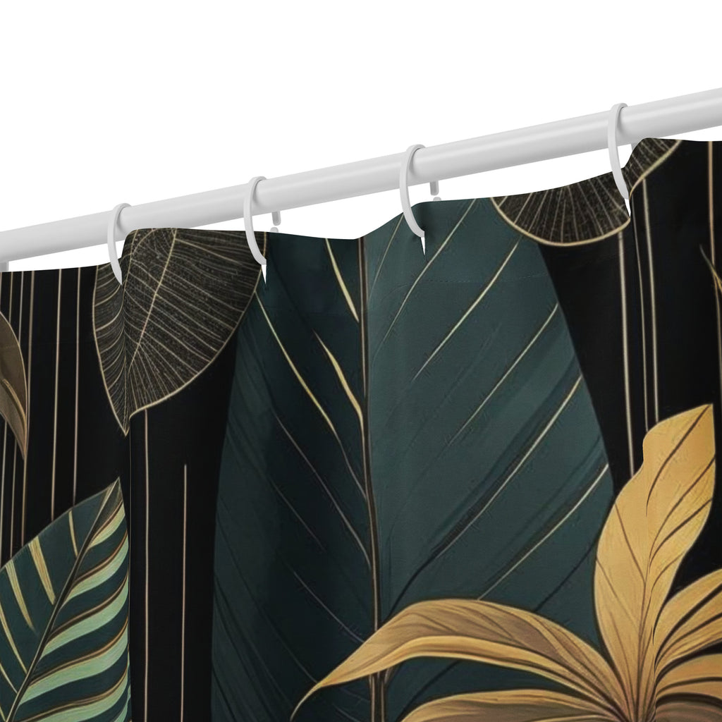 Night Jungle dark green and gold shower curtain. Luxury art deco modern floral style 
