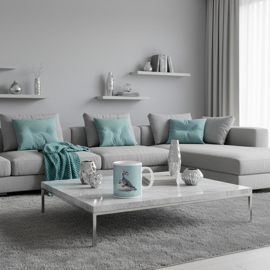 Silver dragon mug on modern coffee table in turquoise grey living room