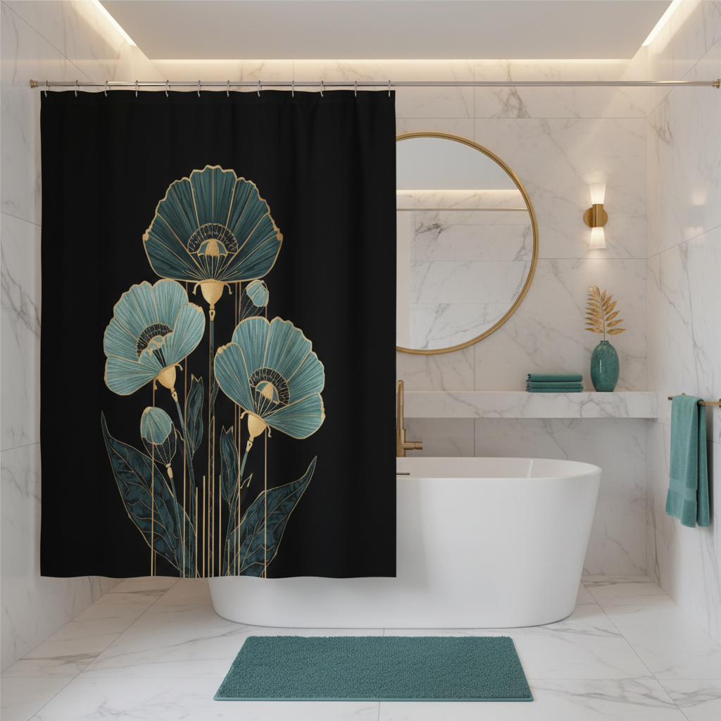 Sophisticated bathroom with black teal floral shower curtain and brass mirror frame