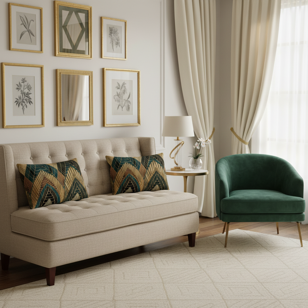 Sophisticated bedroom bench with rectangular art deco pillows