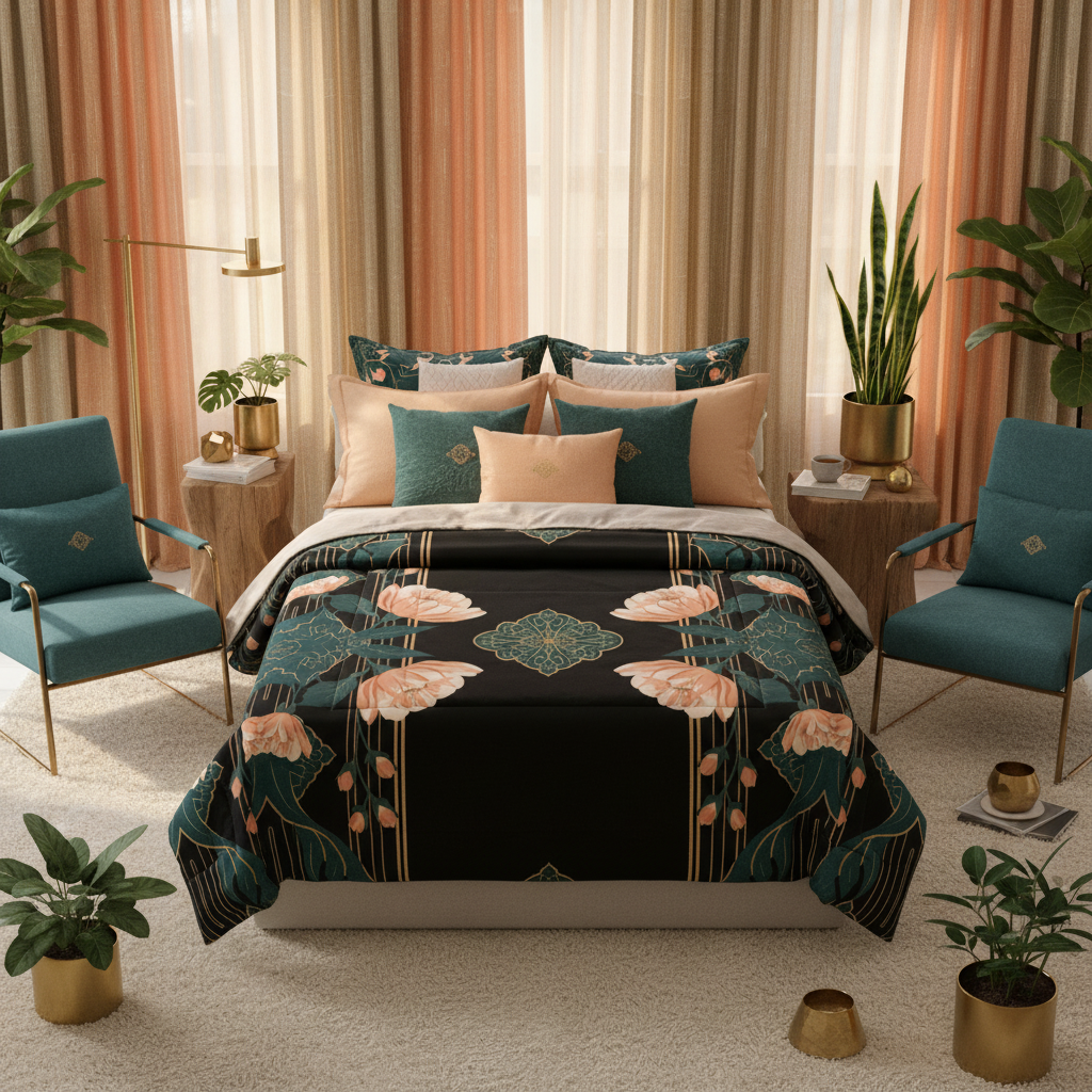 Sophisticated bedroom from overhead with black peach teal gold floral comforter