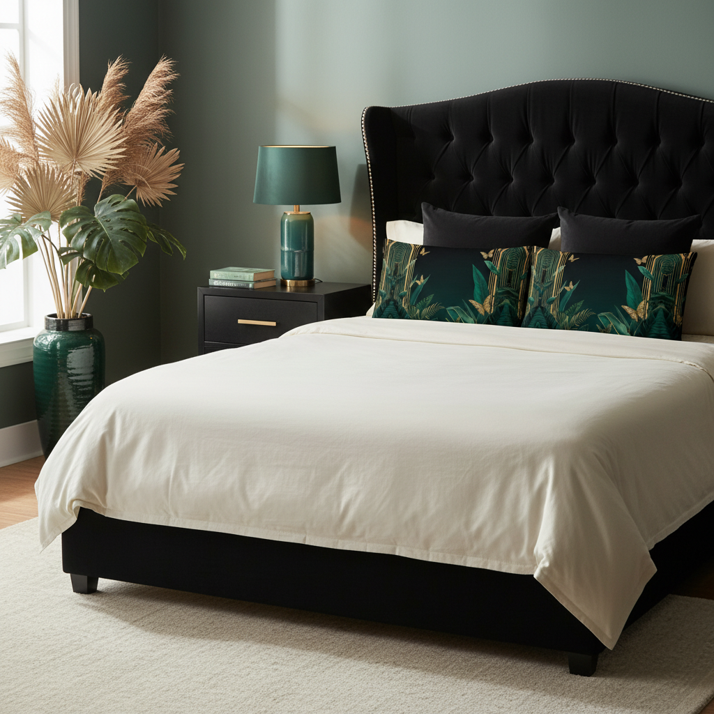 Sophisticated bedroom with Emerald Plants lumbar pillows