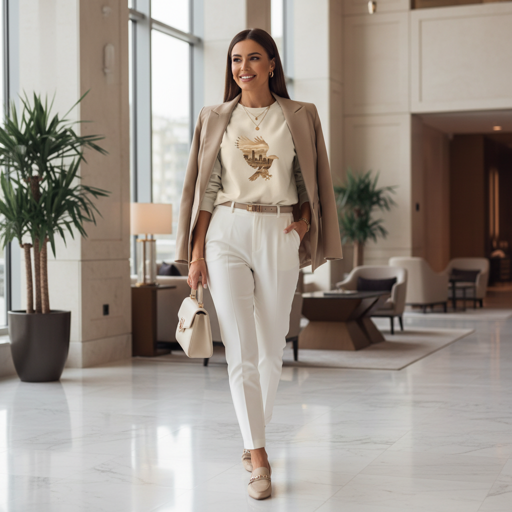 Stylish woman in bone eagle sweatshirt at luxury hotel lobby - monochromatic high-end casual elegance

