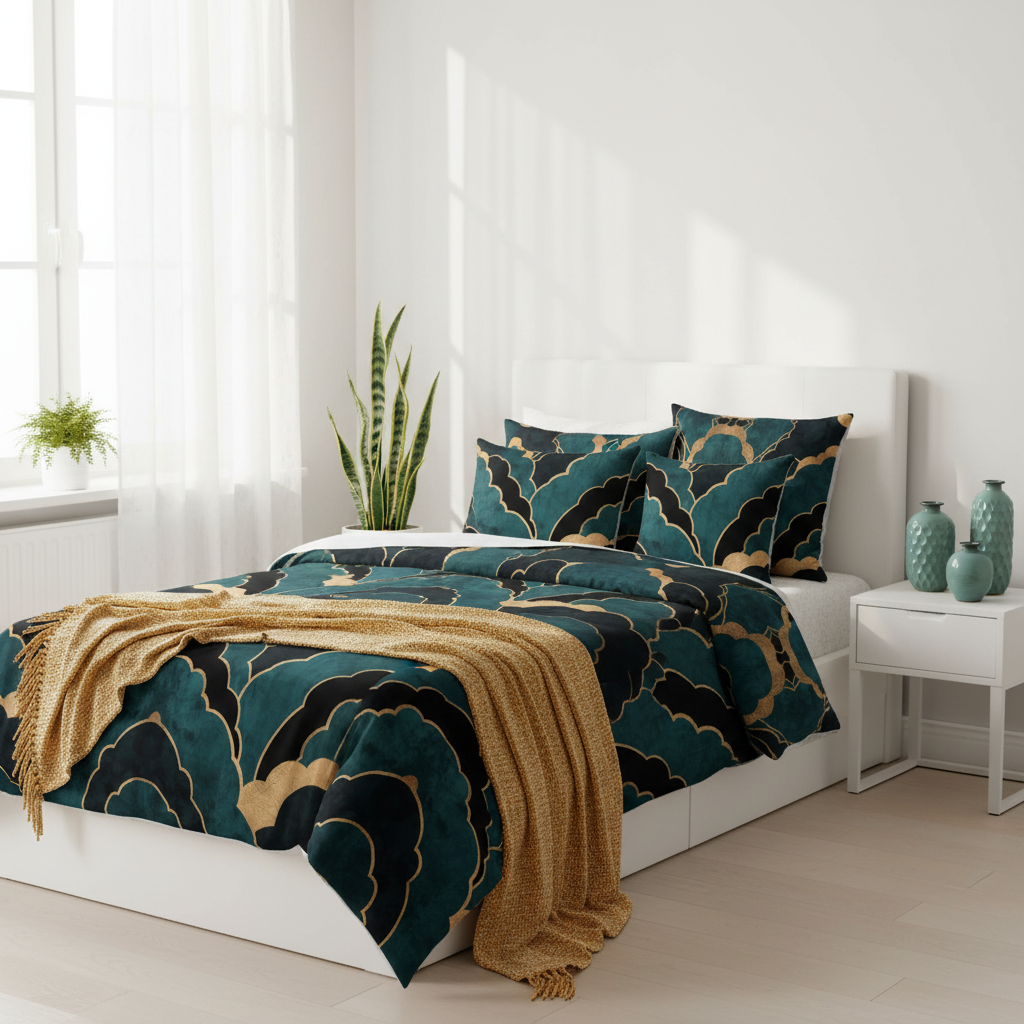 Sophisticated bright bedroom with twin bed, Art Deco bedding and gold throw blanket