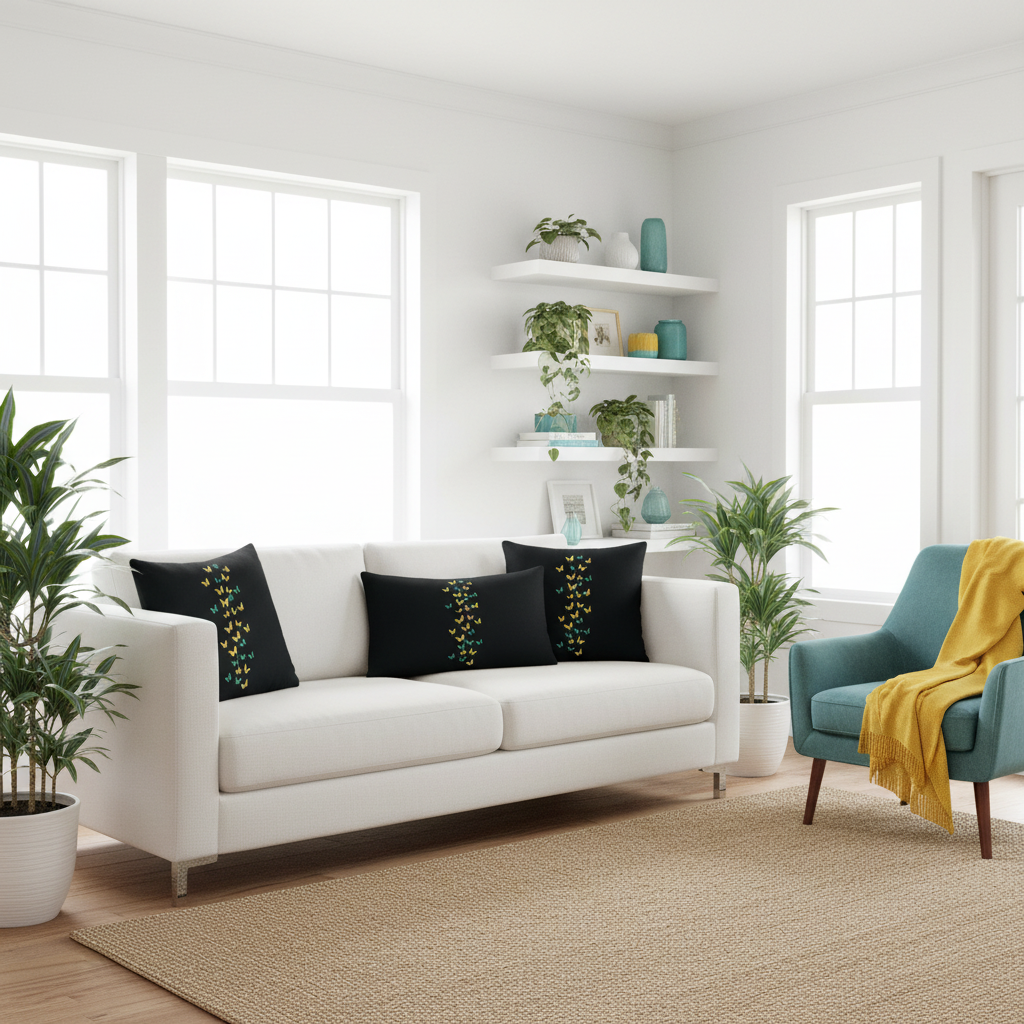 Sophisticated coastal living room with white sofa, butterfly print pillows and teal accent chair
