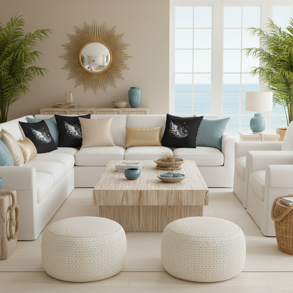 Sophisticated coastal living room with wing pillows and coordinated accessories