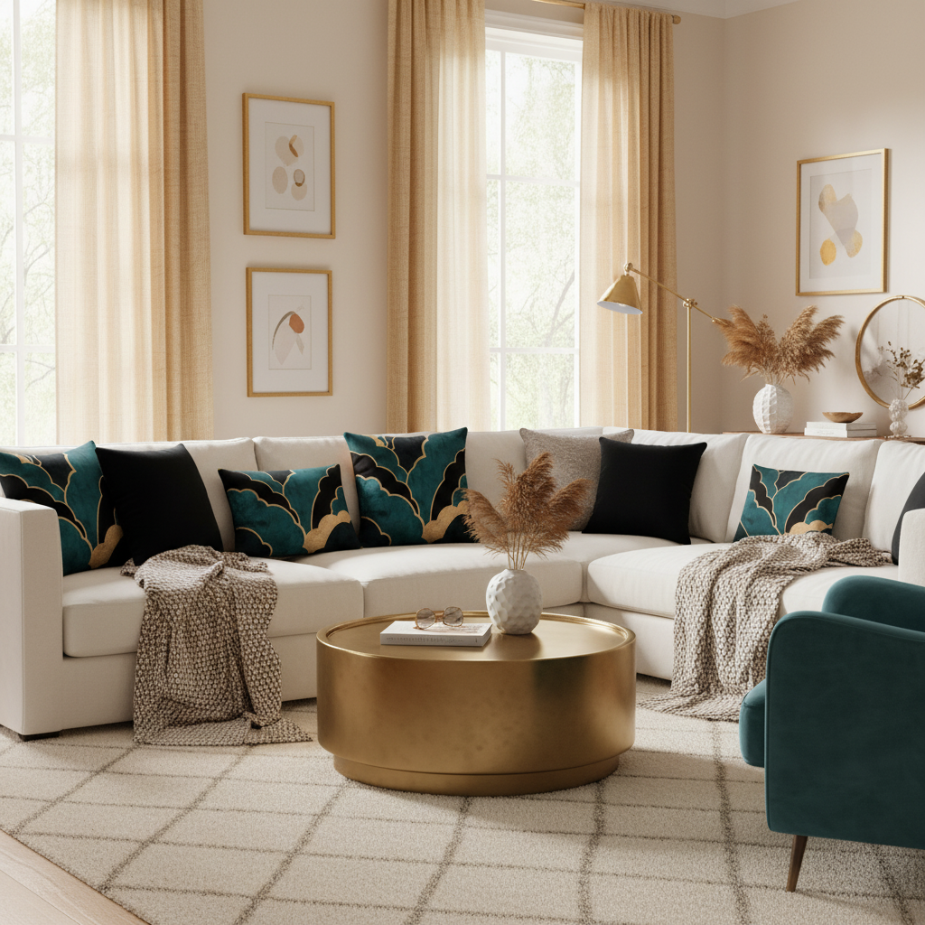 Sophisticated coastal luxury living room with layered pillows, teal accent chair and gold curtains