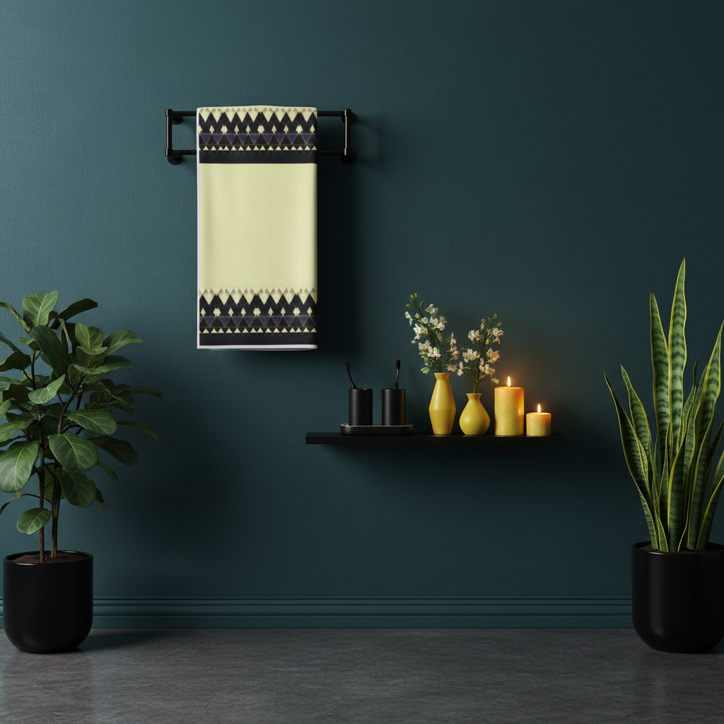 Sophisticated dark teal bathroom with yellow black towel on wall rack