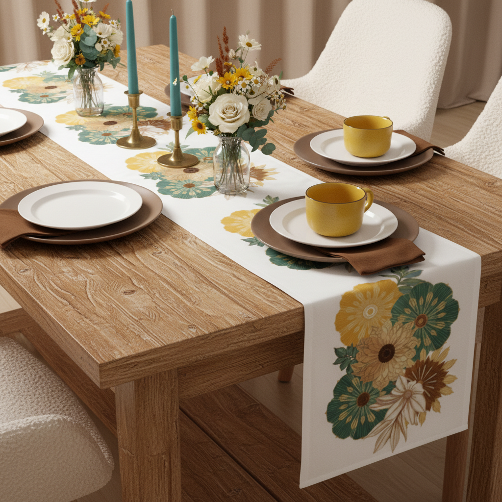 Sophisticated dinner table with floral runner in earth tones