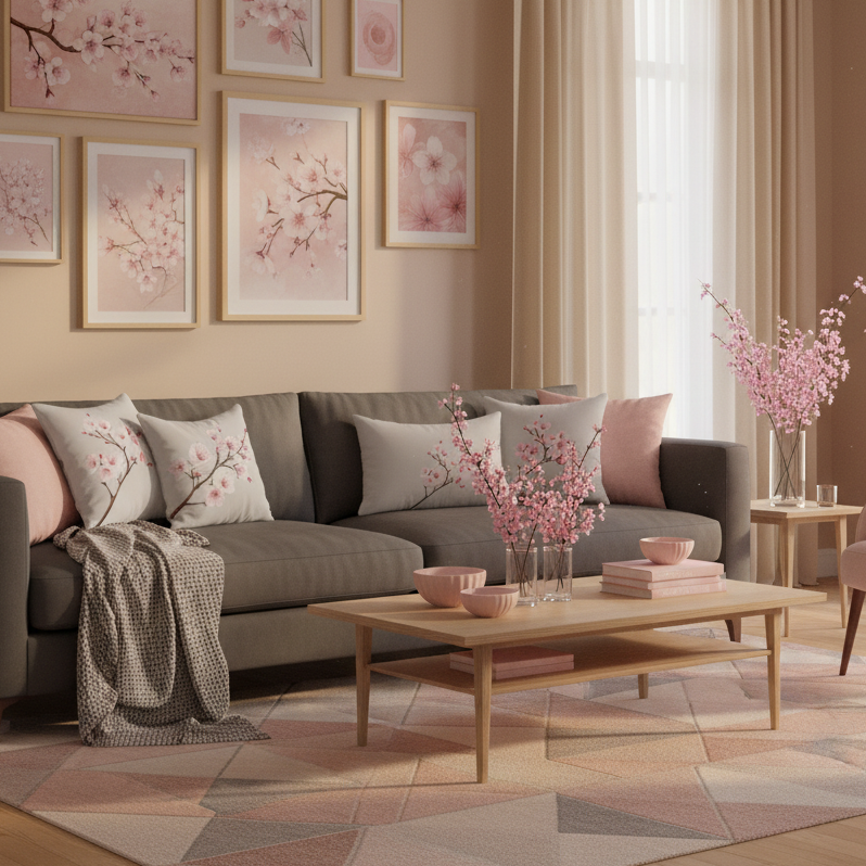Sophisticated living room with pink artwork collection