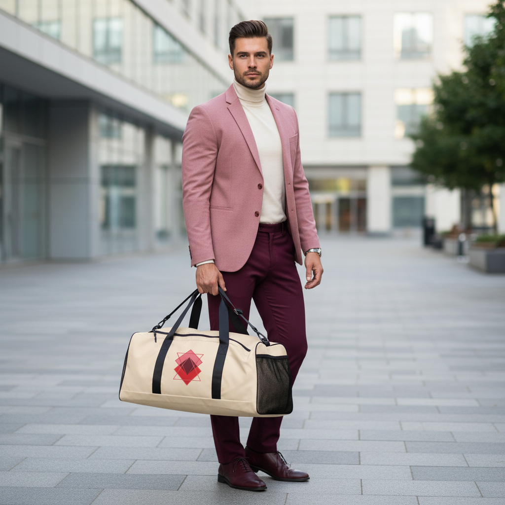 Sophisticated man in burgundy trousers and pink blazer holding geometric squares duffle bag