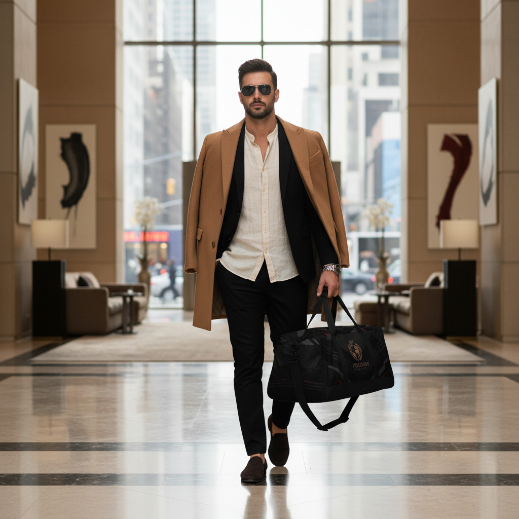 Sophisticated man in elegant travel outfit carrying black duffle with gold Freedom Travel emblem