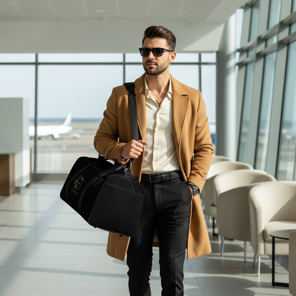 Sophisticated man in elegant travel outfit carrying black duffle with gold panther design