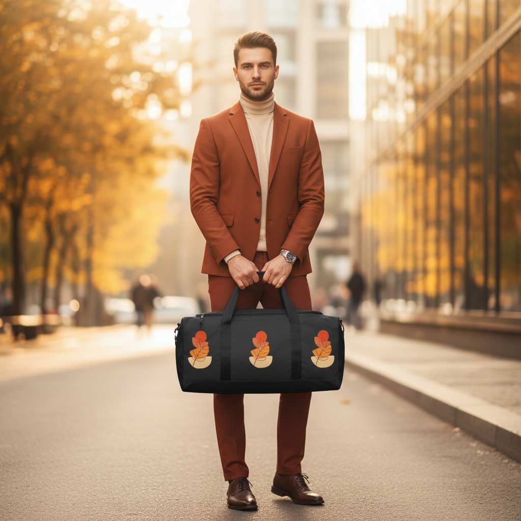 Sophisticated man in terracotta outfit holding autumn leaf duffle bag with design clearly visible