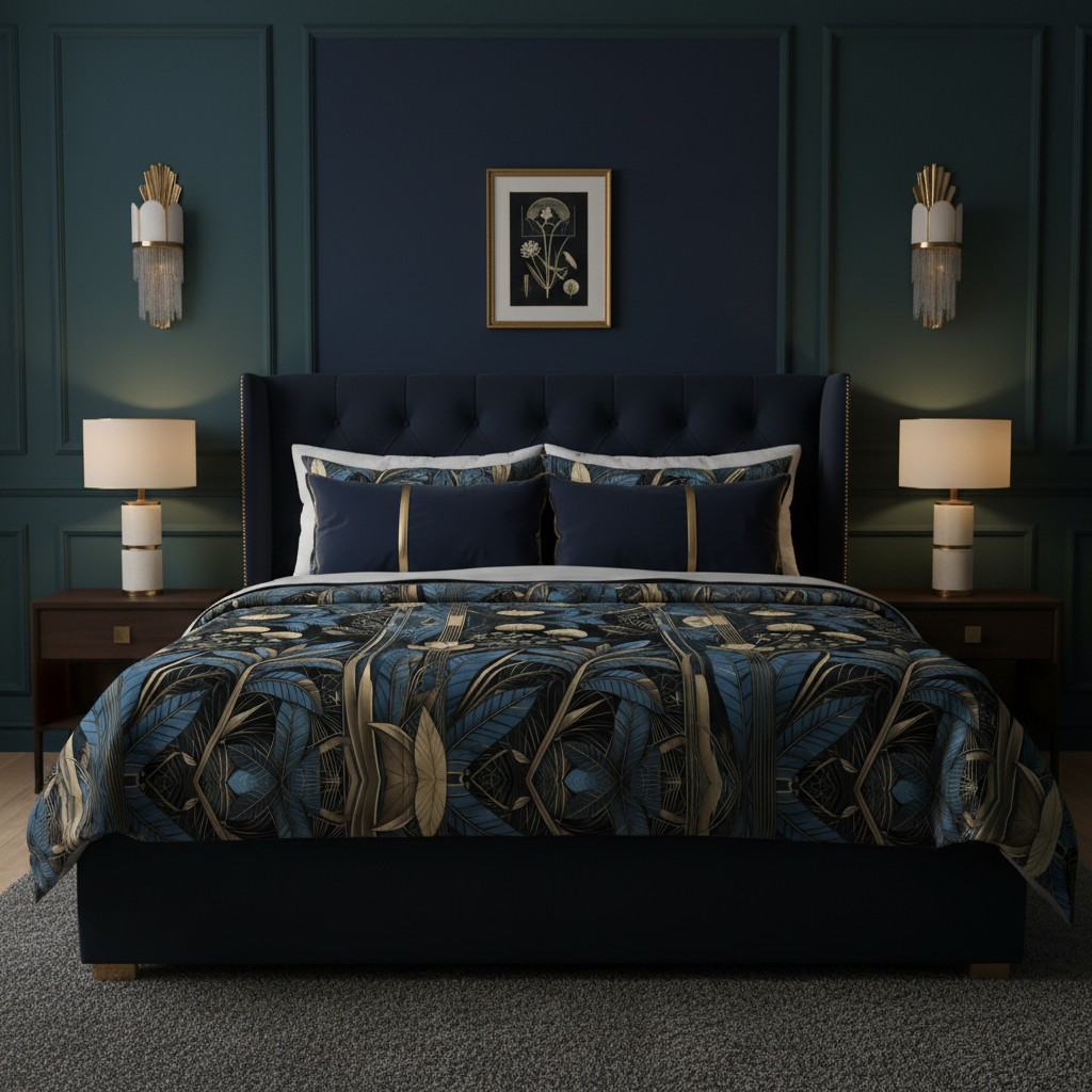 Sophisticated navy bedroom with Art Deco comforter and brass details