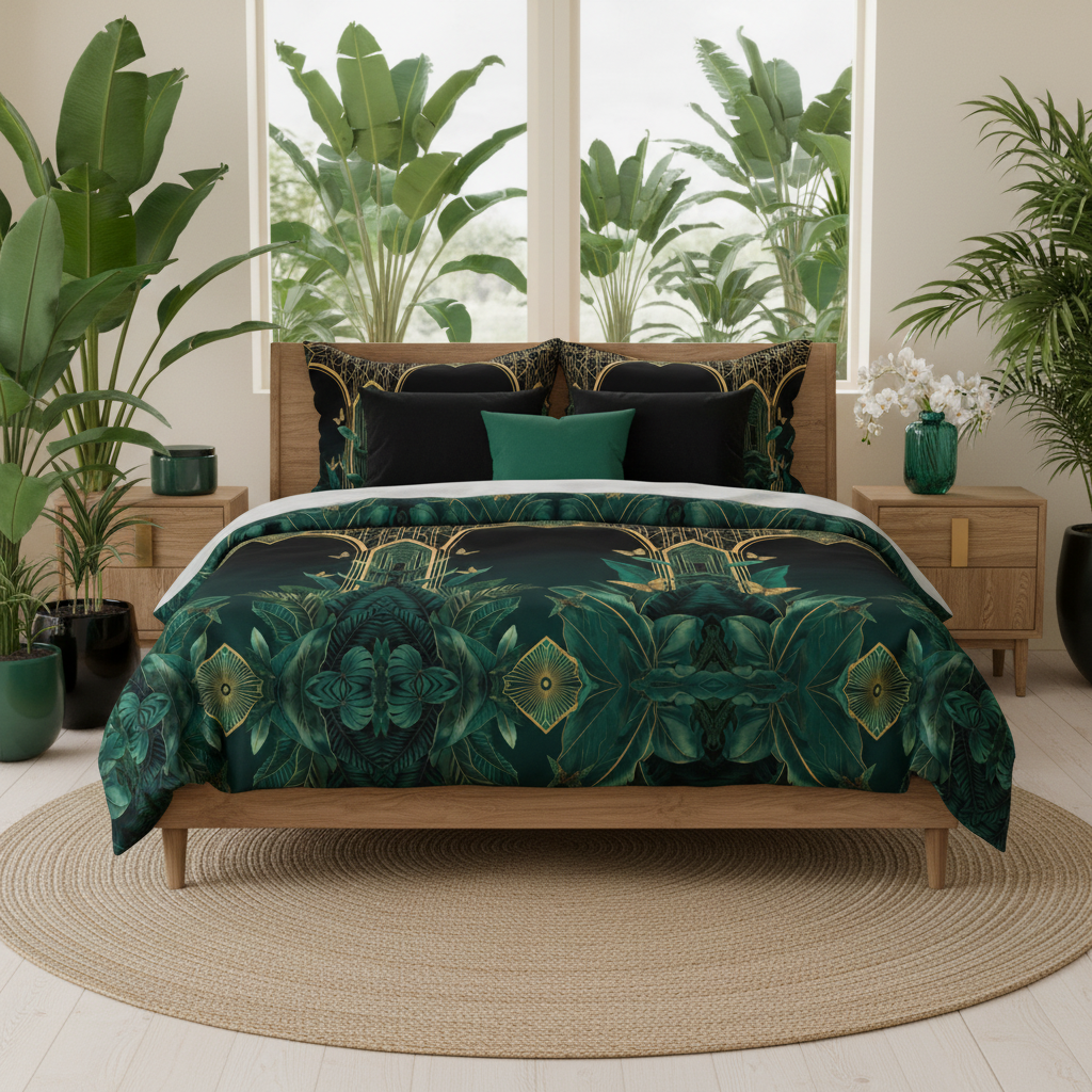 Sophisticated queen bedroom with Emerald Plants duvet and jungle