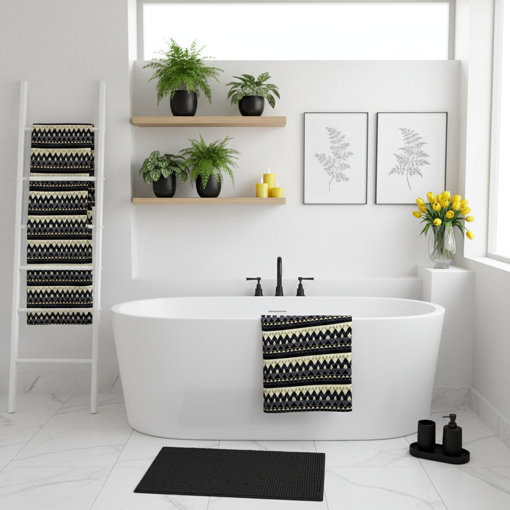 Sophisticated white bathroom with yellow black geometric triangle towel and shelves