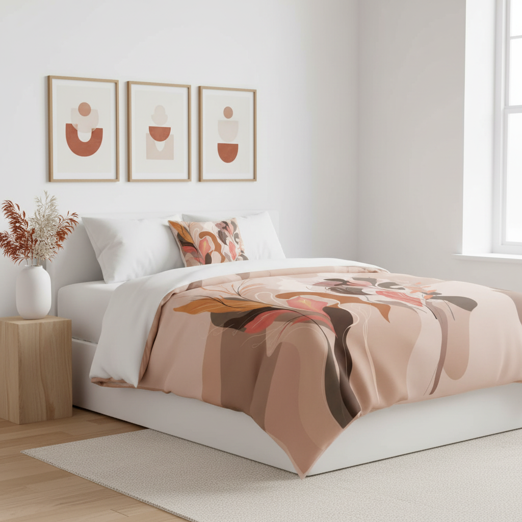 Contemporary white bedroom styled with bohemian abstract duvet cover, modern art prints and botanical elements