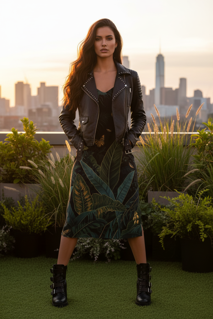 Strong woman in dress with leather jacket on rooftop