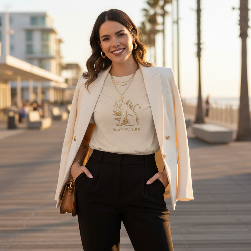 Strong woman in natural Black Panther t-shirt with modern chic outfit and tailored jacket